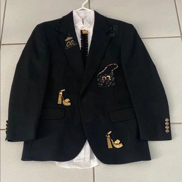 Vintage 90’s Overqualified men’s embellished black blazer tuxedo shirt L - Picture 1 of 9